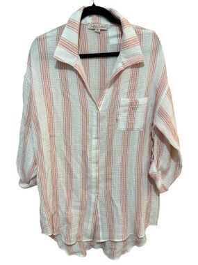 Coastal Comfort Pink Striped Gauze Button Down Shirt Coverup Medium Boho